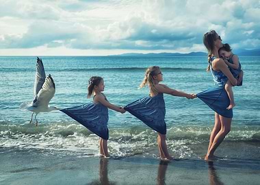 Seagull and Girls on Beach
