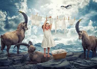 Little Girl Hanging Laundry with Ibex