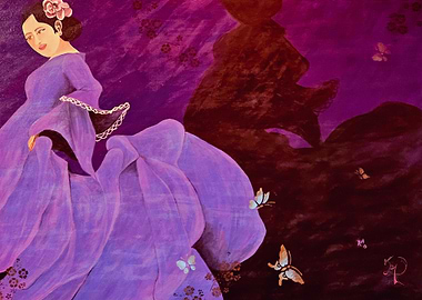 Woman in Purple Dress with Butterflies