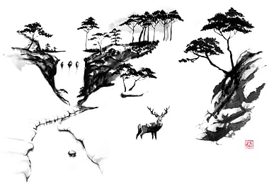 Ink Wash Deer & Waterfall