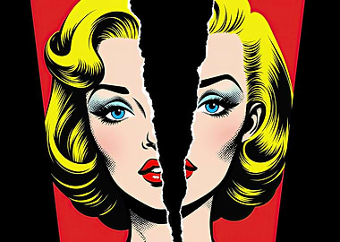 Comics woman portrait ripped in half symbolic