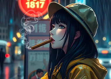 Girl Smoking in Rain