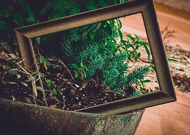 Wooden Frame on Green Plants