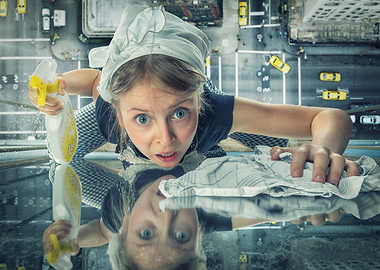 Girl Cleaning Window High Up
