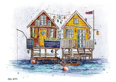 Waterfront Cottages Watercolor