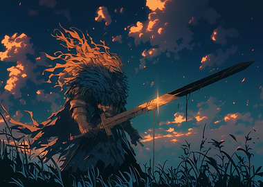 Knight with Sword at Sunset