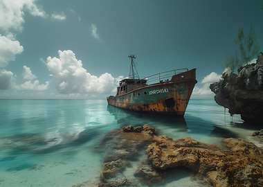 Rusty Shipwreck on a Tropical Beach