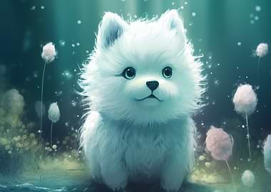 Cute White Puppy in a Dreamy Forest