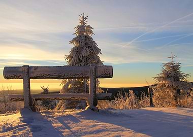 Snowy Bench at Sunset
