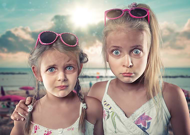 Girls on Beach with Worried Expressions