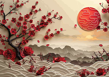 Cherry Blossom & Mountain Landscape