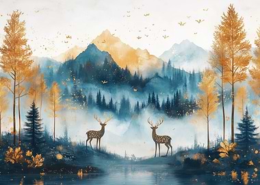 Deer in Blue Mountains Golden Pine Forest Landscape