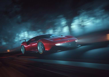 Red Ferrari Speeding at Night