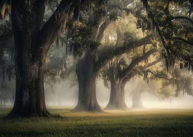 Misty Oak Trees