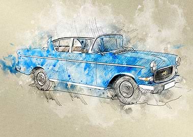 Blue Vintage Car Watercolor