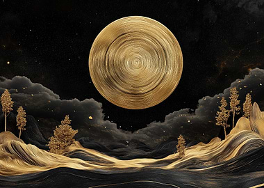 Golden Tree Ring Moon Landscape