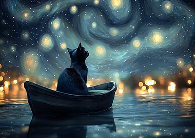 Cat in a Boat Under Starry Sky