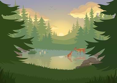 Forest Sunset with Lake and Animals