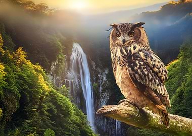 Owl by Waterfall