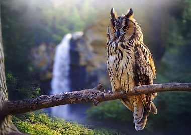 Owl on Branch with Waterfall