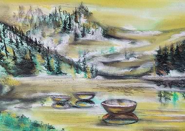 Pastel Mountain Landscape with tibetan bowls
