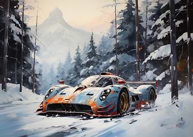 Race Car in Snowy Forest