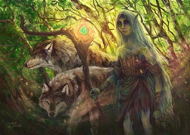 Elf Druid and Wolves in Forest