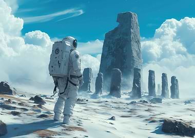 A lone astronaut discovering an ancient, Stonehenge on a mysterious, uncharted planet
