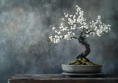 Bonsai Tree with White Blossoms Still Life