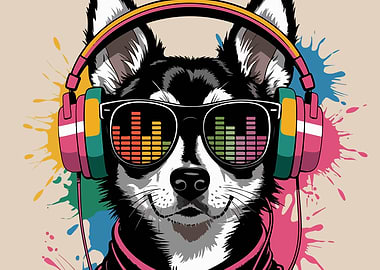 Dog with Headphones and Sunglasses