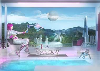 Sci-Fi Woman with her robots - Luxury Utopia