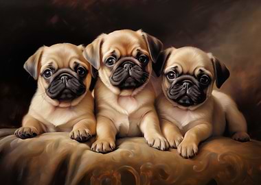 Three fawn Pug Puppies