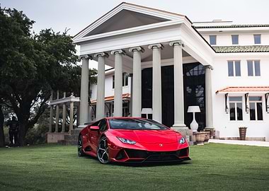 Red Lamborghini Huracan in Front of Mansion