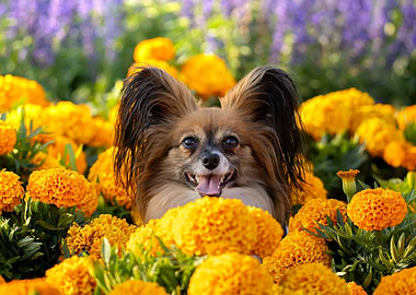 Papillon Dog in Marigolds