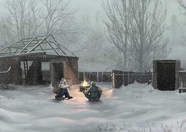 Snowy Campfire Scene