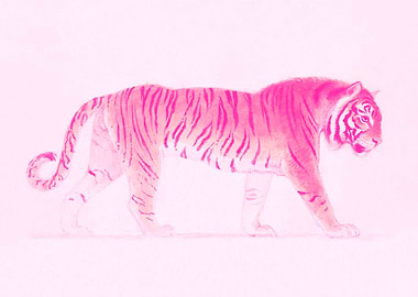 Pink Tiger Illustration, Vintage Decor, Retro Poster