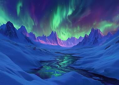 Aurora Borealis Over Snowed Mountains