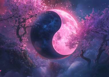 Yin Yang Moon with Cherry Blossoms