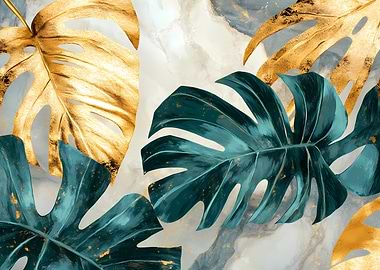 Gold & Teal Tropical Leaves