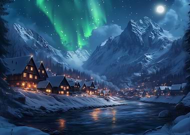 Snowy Village Under Aurora Borealis