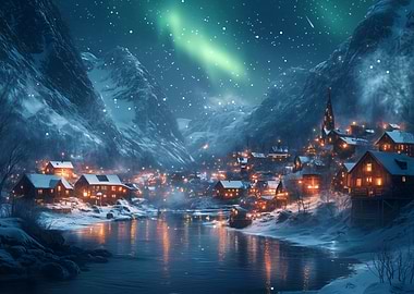 Snowy Village Under Aurora Borealis