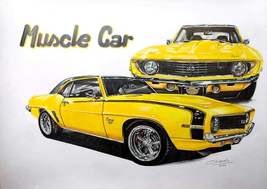 Yellow Camaro Muscle Car Drawing