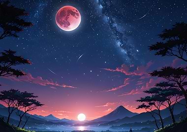 Night Sky with Pink Moon