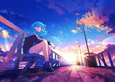girl blue hair sunrise
