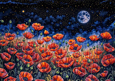 Poppy Field Under Night Sky