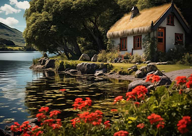Cottage by the Lake - red flowers