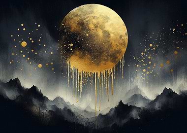 Golden Dripping Full Moon Landscape