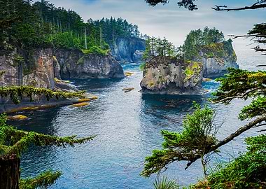 Ocean Coastline with Rocky Islands