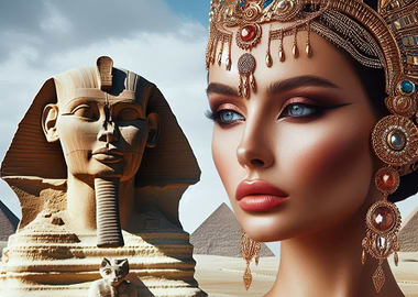 the Egyptian Pharaonic Queen CleopatraArtificial intelligence design of the Egyptian Pharaonic Queen Cleopatra and the Sphinx behind her