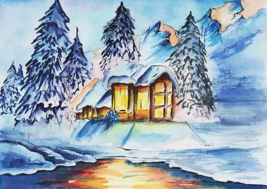 Winter Cabin Watercolor